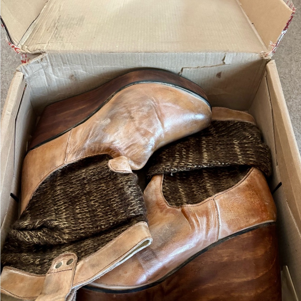 Bed Stu Bruges Knit Slouch Wedge Boots - Tan Rustic Leather -8.5 w BOX - Flaw - Picture 7 of 10